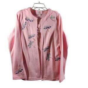 Quacker Factory M Pink Embroidered DRAGONFLY Pull Over 1pc Tank & Cardigan Set